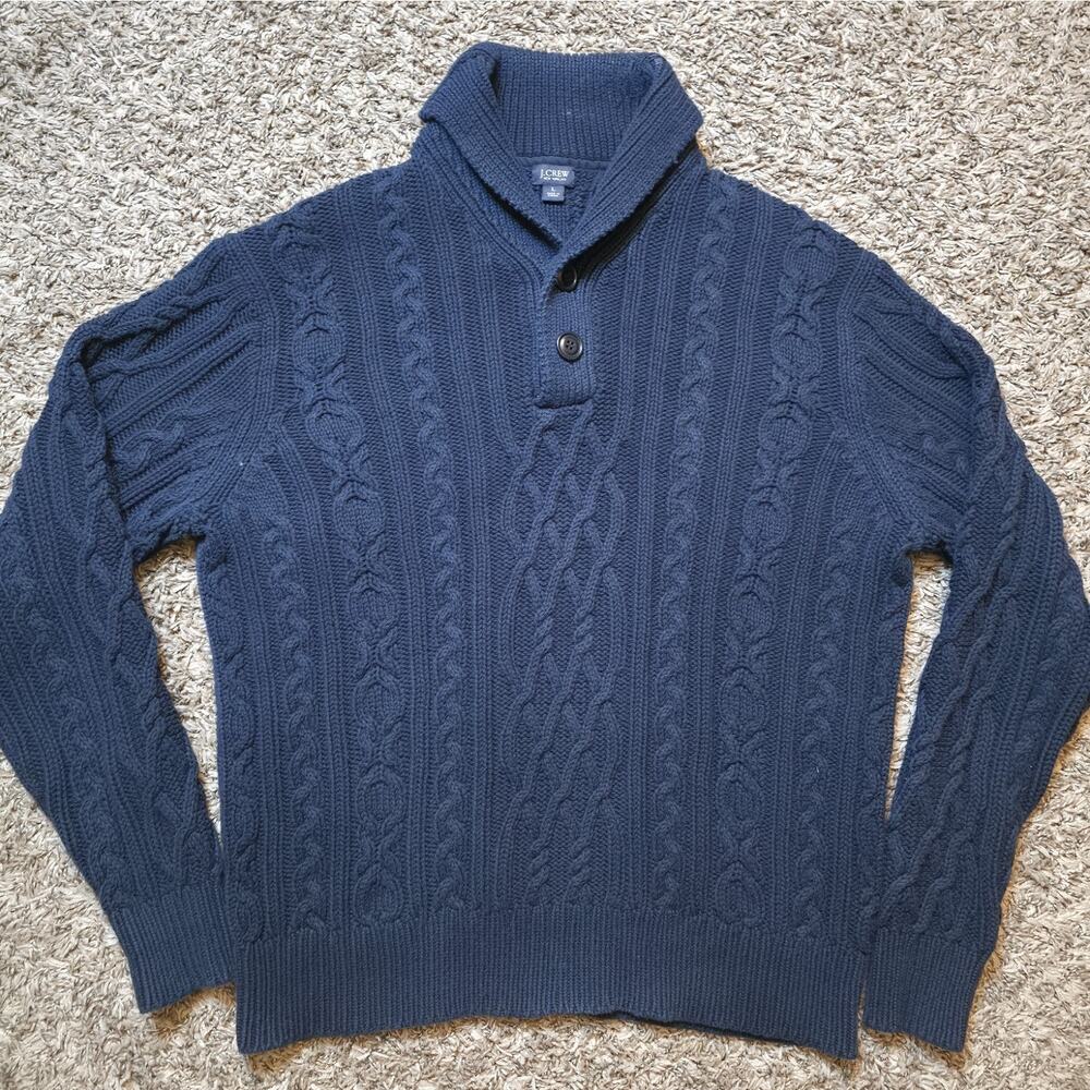 J.Crew Mens Sweater L Blue Cable Knit Wool Shawl Collar Pullover Button 55660